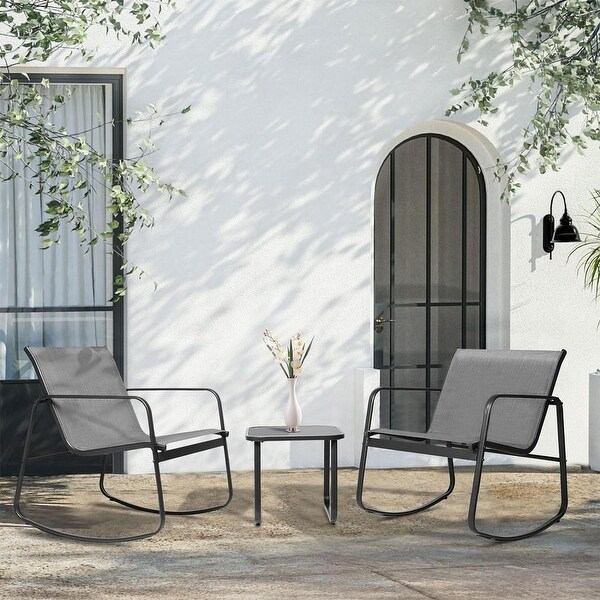 3Piece Outdoor Patio Rocking Chair Bistro Set with Glass Top Coffee Table