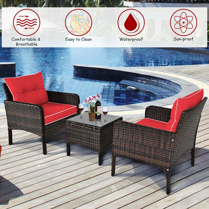 3 Pcs Rattan Wicker Outdoor Bistro Set with Coffee Table & Chairs, All-Weather Patio Conversation Sets