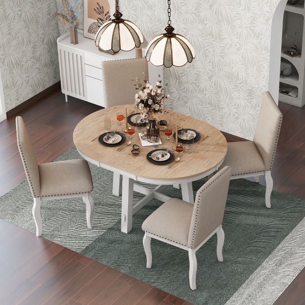 5 Pcs Round Wood Extendable Dining Table Set With 4 Upholstered Dining Chairs