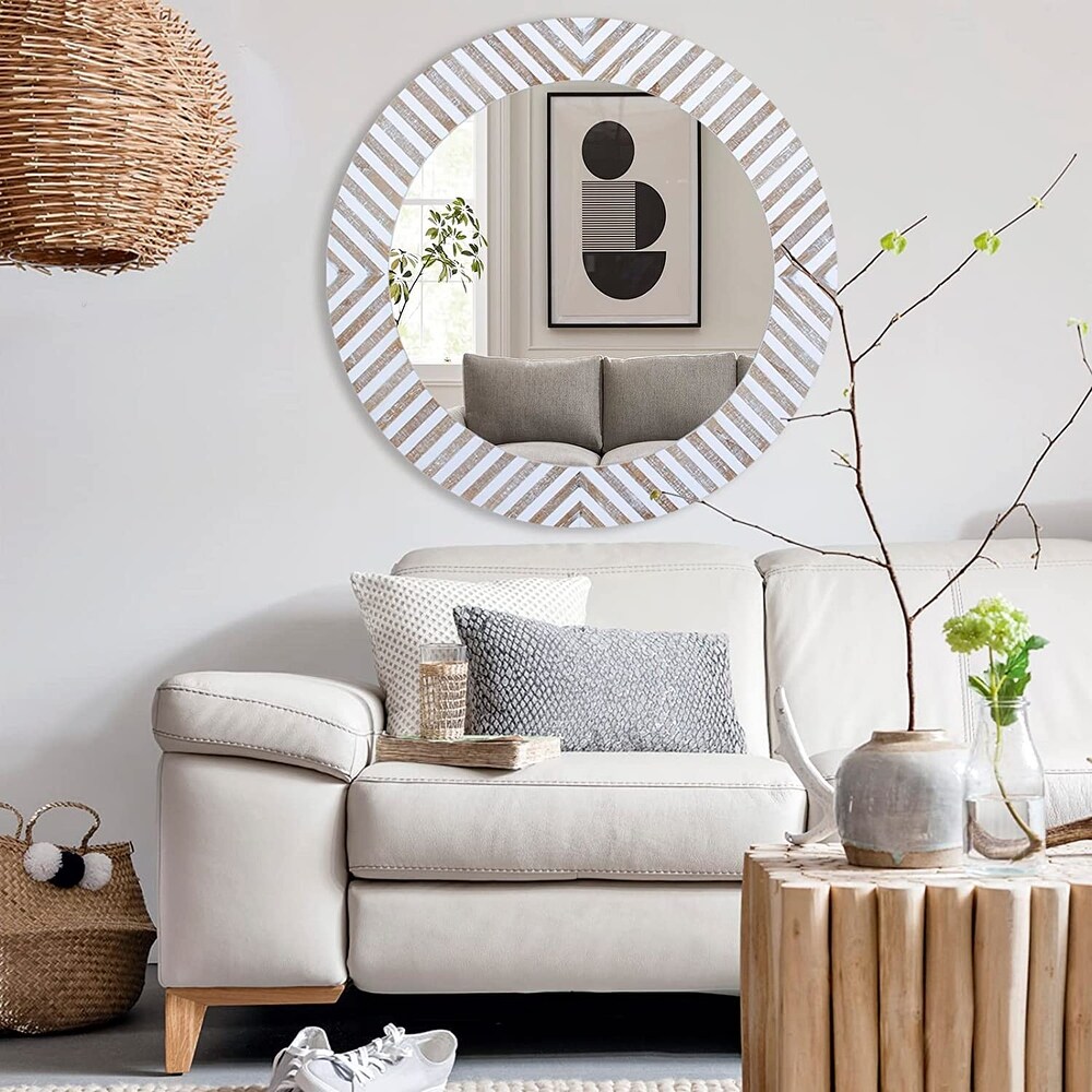 Round Wood Mirror Decorative Wall Mirrors  Farmhouse Mirror for Bathroom  Bedroom  Entryway  Living Room  Rustic Circle Mirror