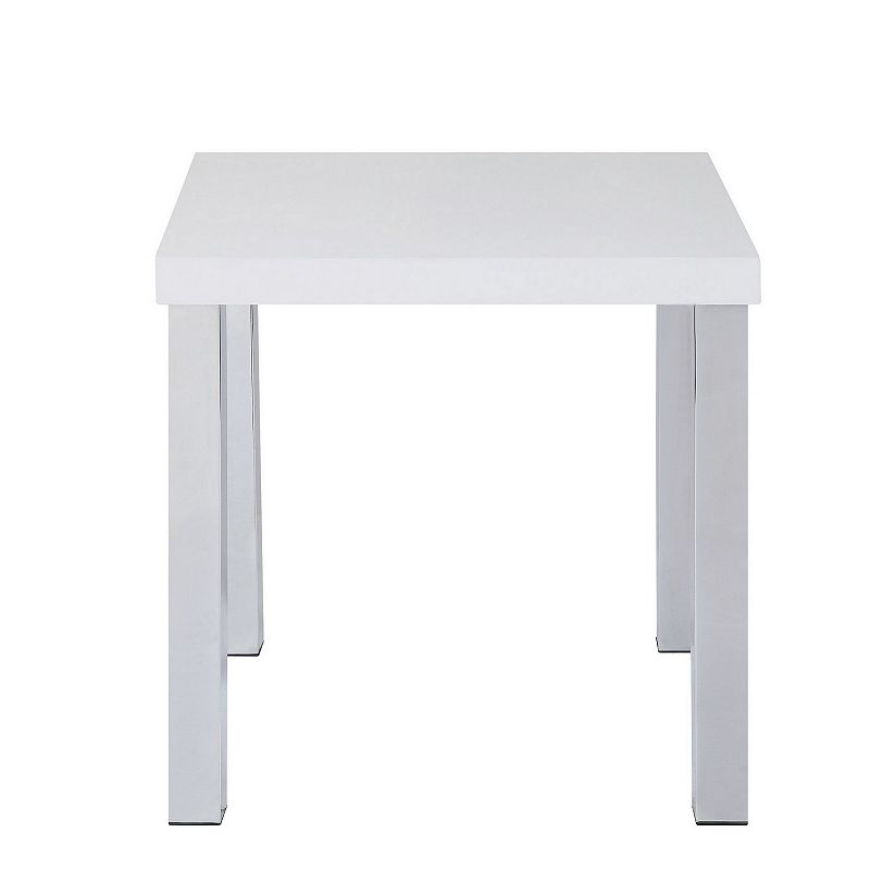 Square Wooden End Table with Straight Metal Legs， White and Chrome