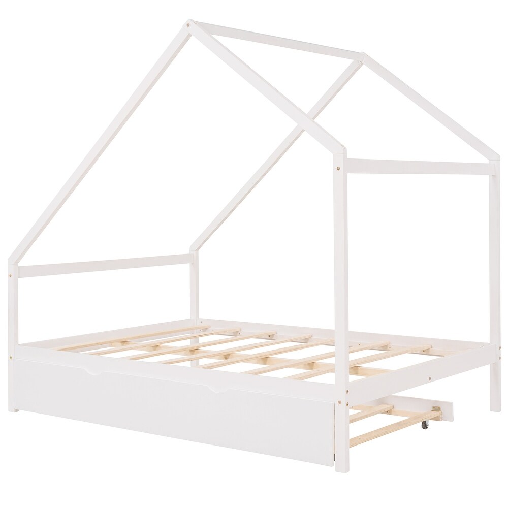 Full Size Wooden House Bed Simple Daybed Frame with Twin Size Trundle Suitable for DIY Decor Ribbons or Lanterns on Eaves