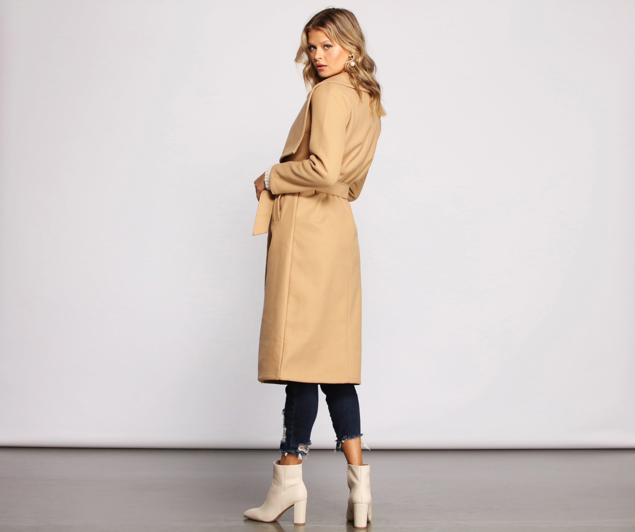 Day Chic Drape Front Belted Coat