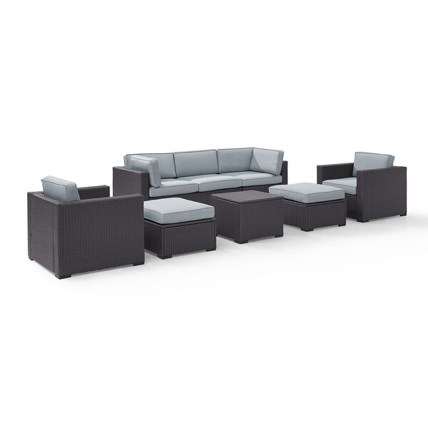 Biscayne 7 Person Outdoor Wicker Seating Set in Mist - One Loveseat， Two Arm Chairs， One Corner Chair， One Coffee Table， Two Ottomans