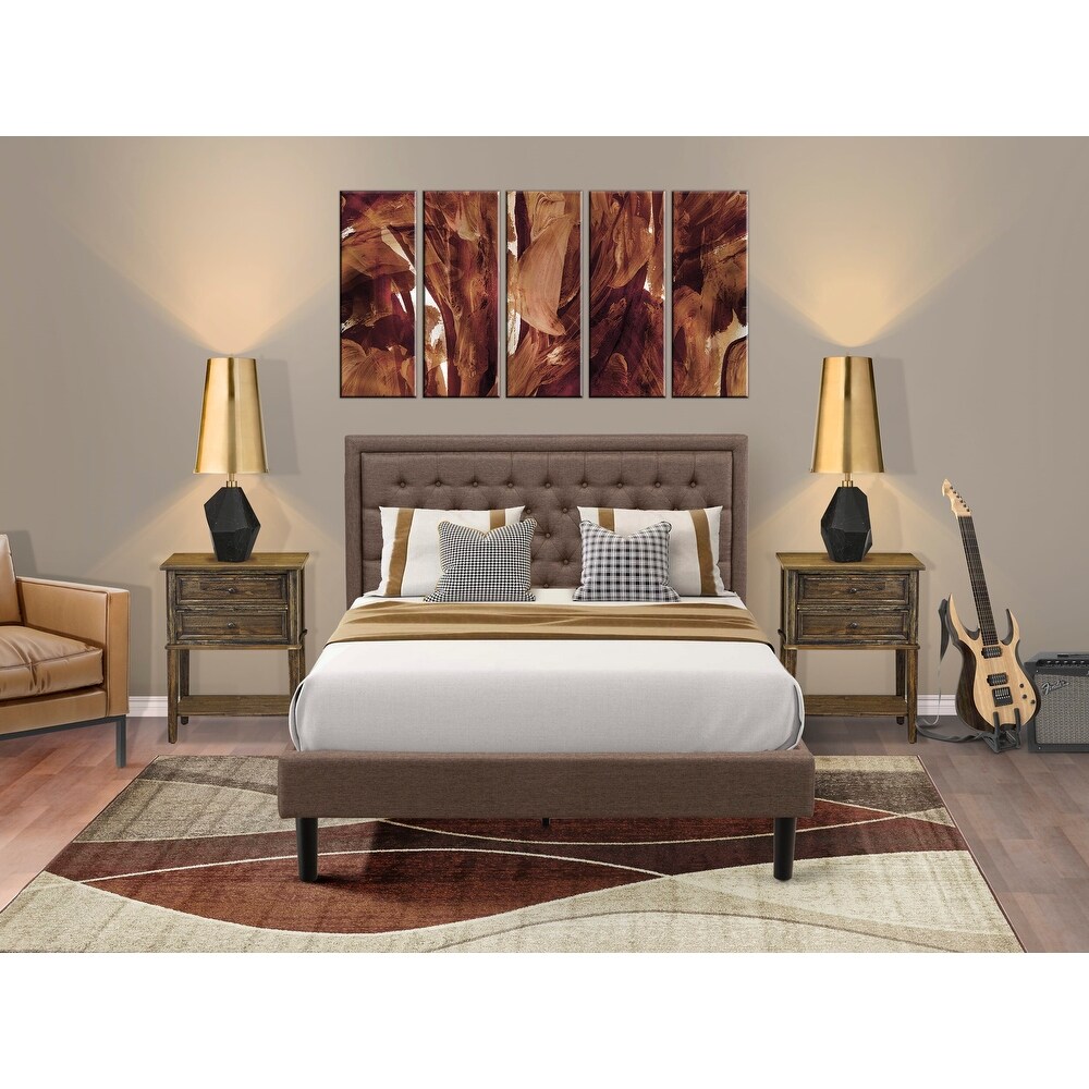 East West Furniture Queen Size Bed Set  Bed Frame Brown Headboard with Small Nightstand   Black Finish Legs((End Table Options)