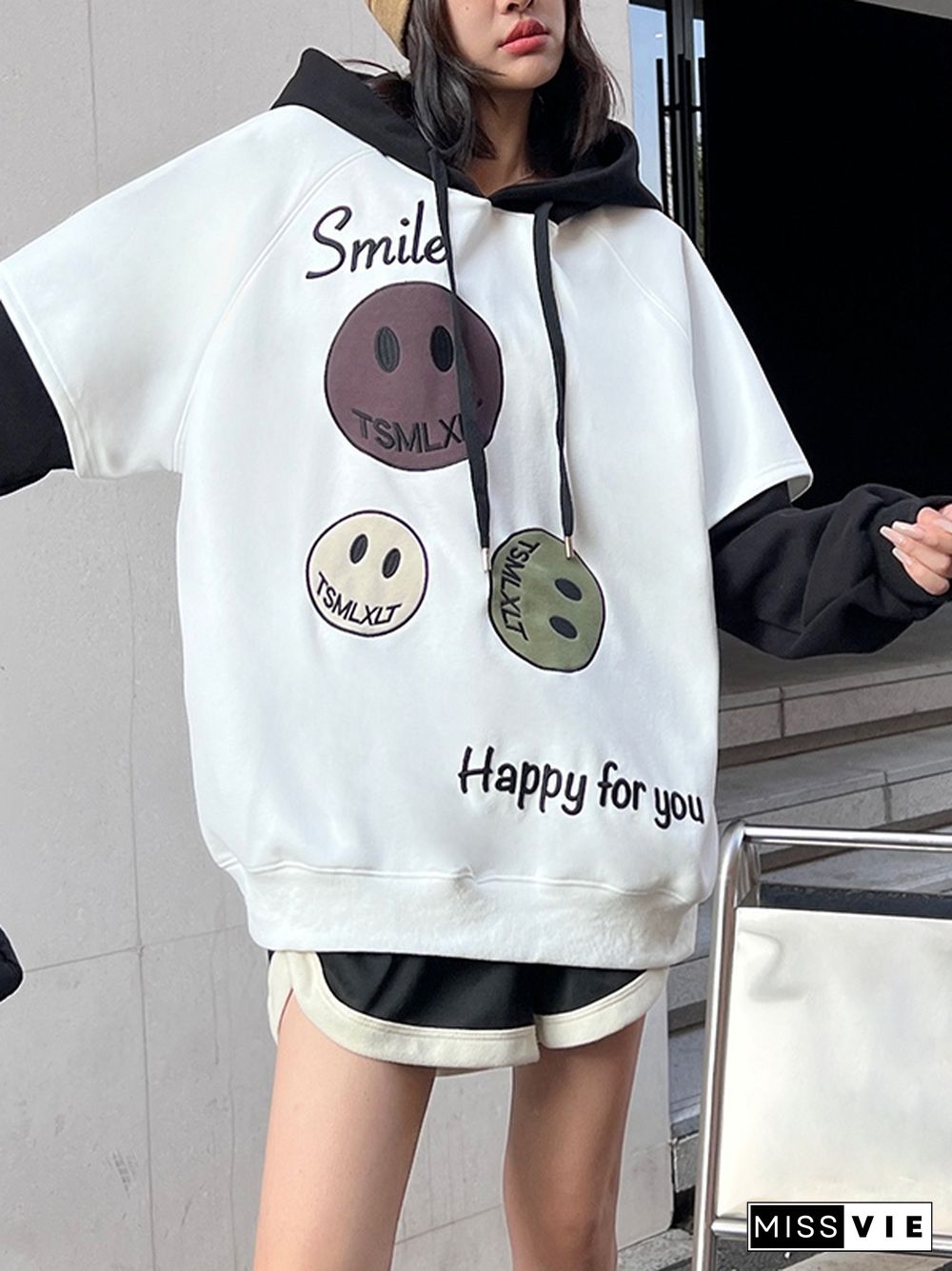 Smiling Print Splice Drawstring Oversized Hoodie