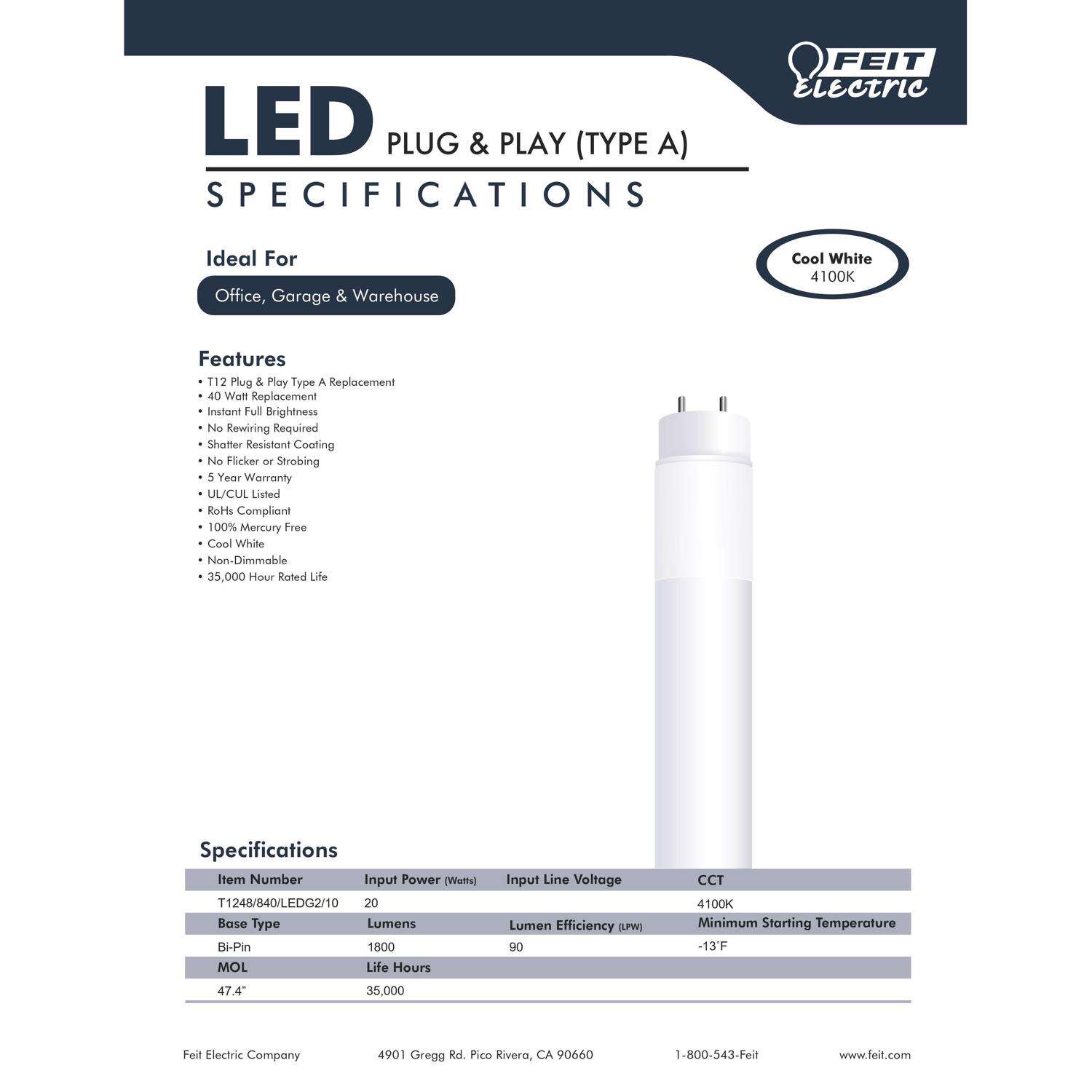 Feit Plug and Play T12 Cool White 47.4 in. G13 Linear LED Bulb 40 Watt Equivalence 10 pk