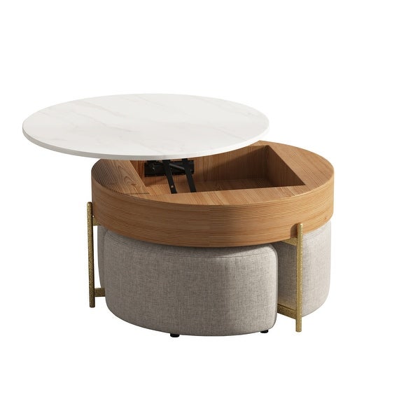 Lifting-top Round Modern Coffee Table with 3 Nesting Stool， Carbon Steel Legs