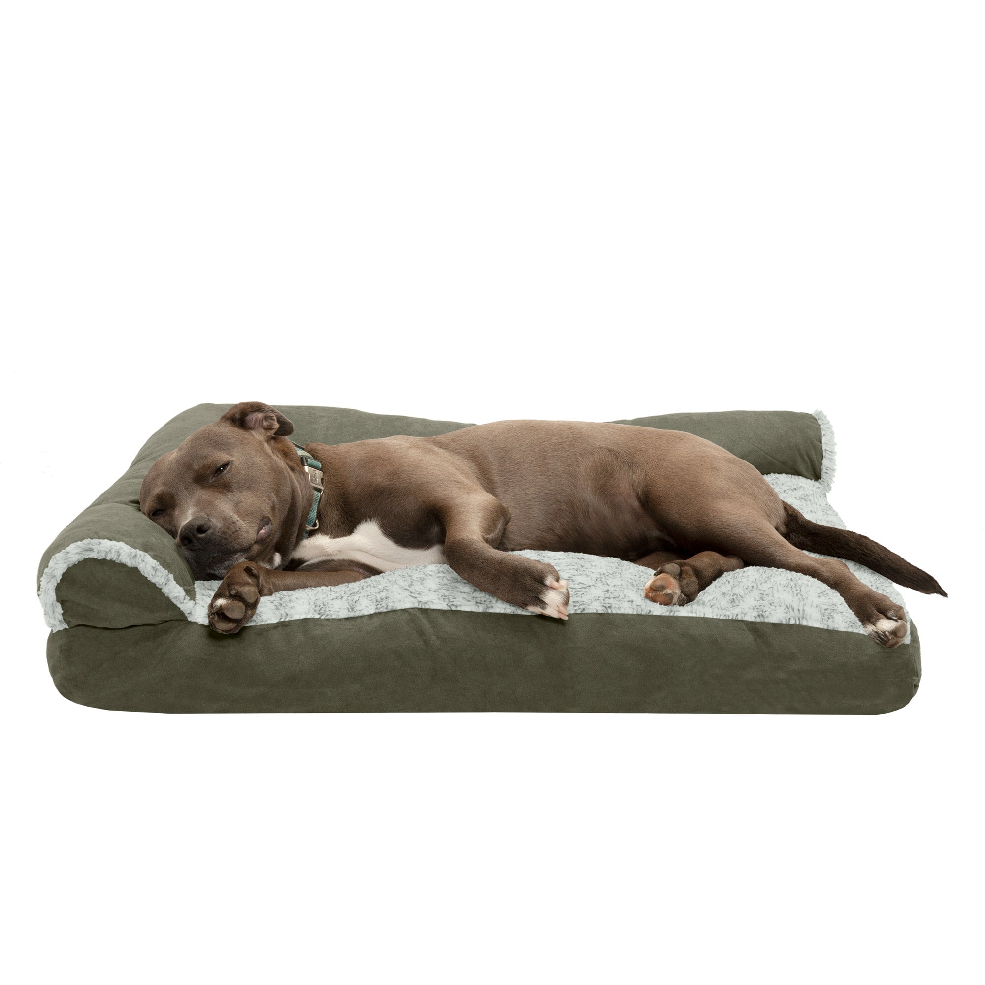 FurHaven | Faux Fur & Suede Deluxe L-Chaise Lounge Pillow Sofa Pet Bed for Dogs & Cats, Dark Sage, Large