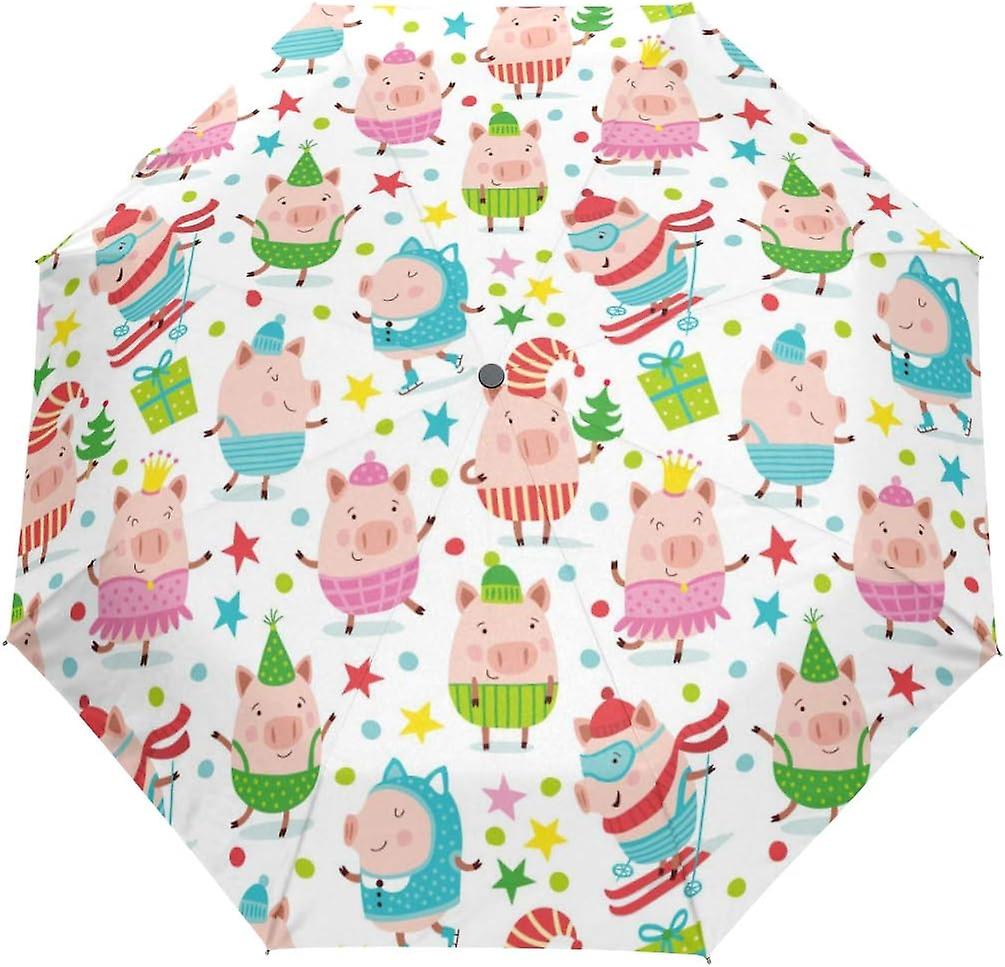 Travel Umbrella Automatic Windproof Foldable Umbrella Christmas Multicolor Pigs