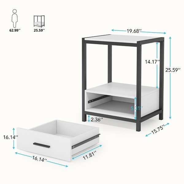 White and Gold Nightstand with Drawer and Storage Shelves