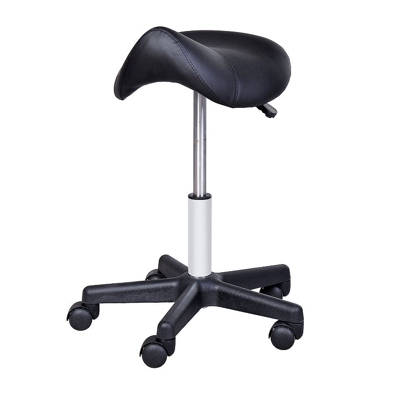 HOMCOM Rolling Saddle Stool Swivel Salon Chair Ergonomic Faux Leather Stool Adjustable Height with Wheels for Spa Salon Massage Office Black