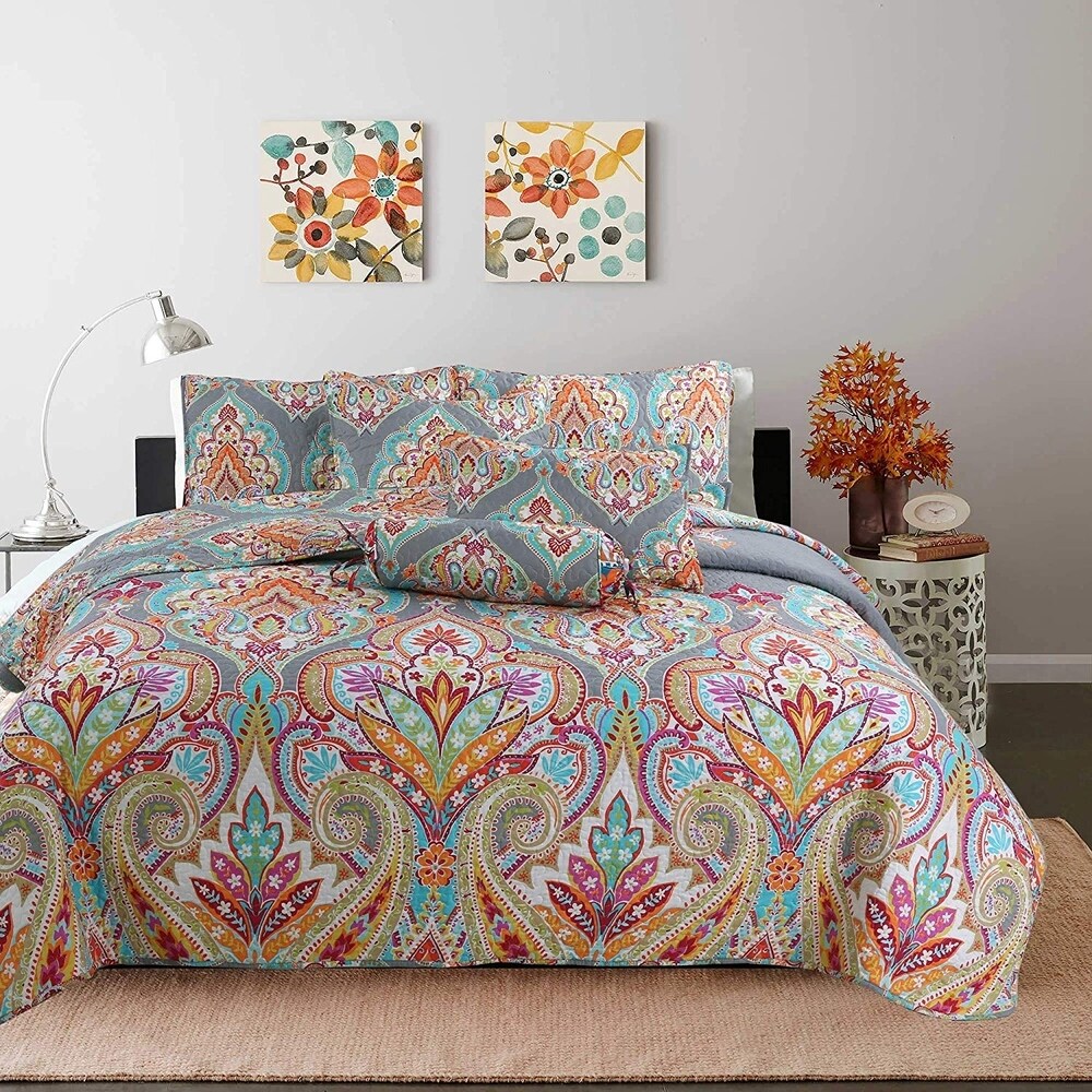 Kaylee Paisley Gray Reversible 3 piece Quilt Bedding Set