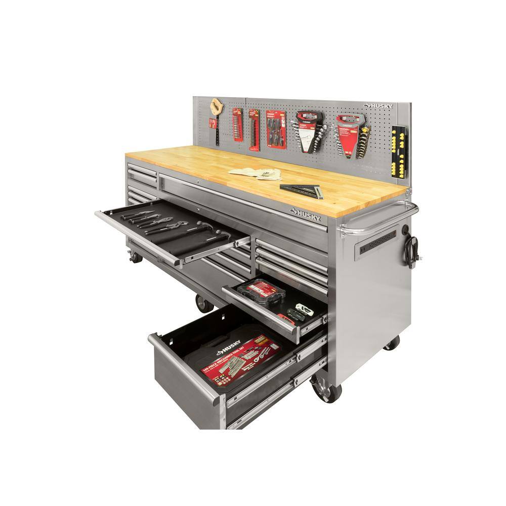 Husky 72 in. W x 24 in. 18-Drawer Standard Duty Mobile Workbench Tool Chest with Solid Top and Pegboard in Stainless Steel HOTC7218JX2M