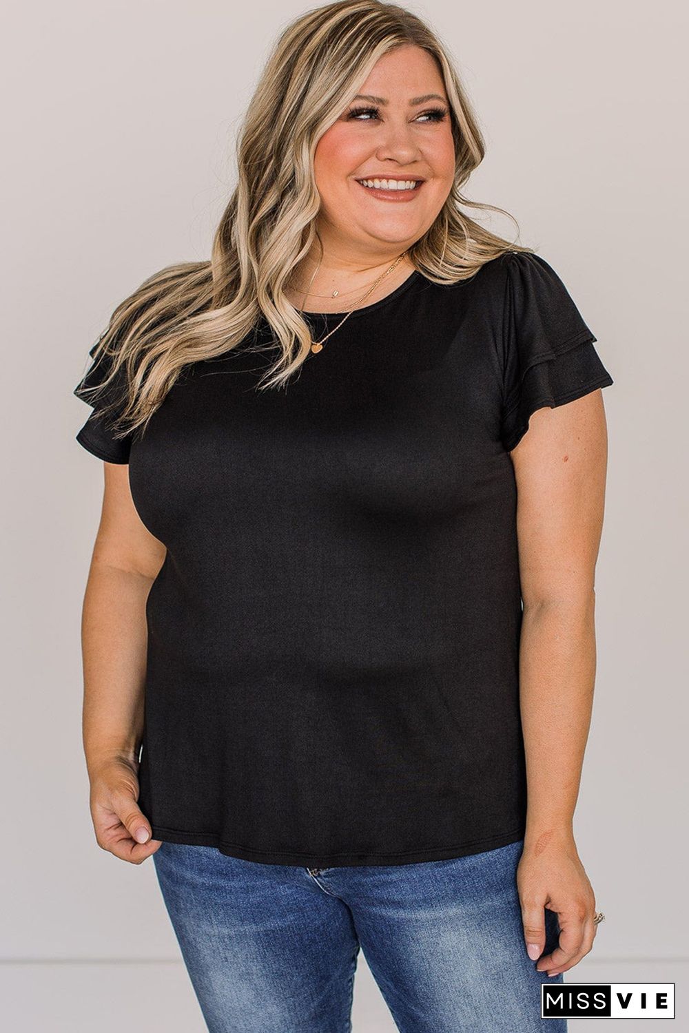 Black Plus Size Solid Color Ruffled Short Sleeve Top