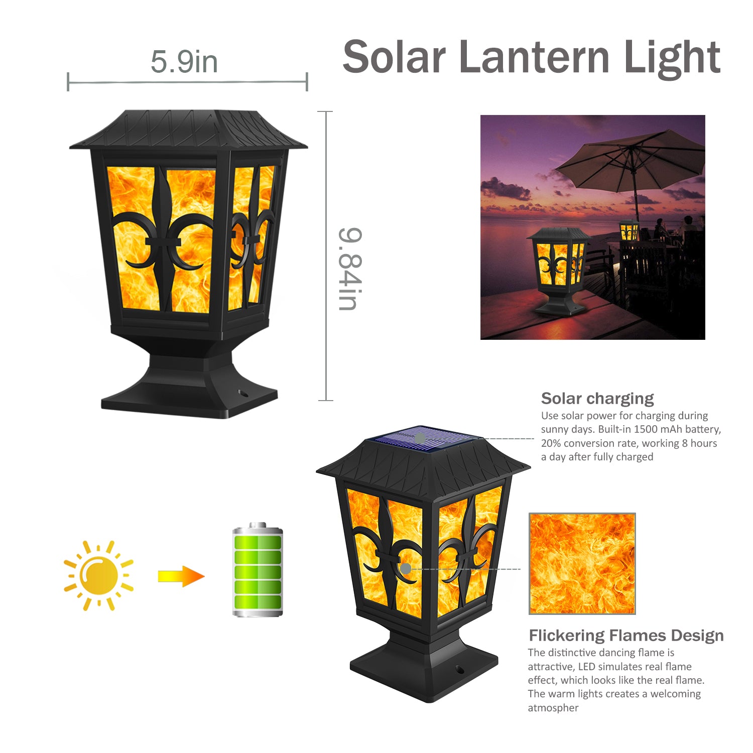 Column Lamp Traditional IP65 Waterproof Column Lamp Outdoor Column Lamp Solar Charging is Applicable to Outdoor Terrace Guardrail Lamp Villa Door Garden Column Lamp Light Control