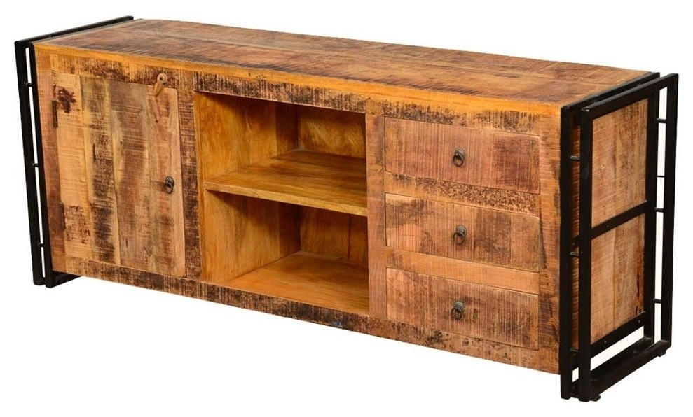 Farmingdale Pioneer Rustic Mango Wood TV Stand Media Console Cabinet   Industrial   Entertainment Centers And Tv Stands   by Sierra Living Concepts Inc  Houzz