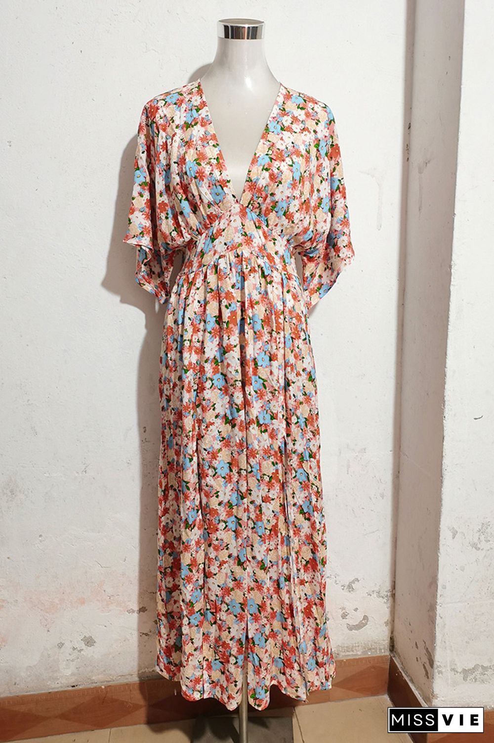 Pink Floral V Neck Flare Sleeves Split Maxi Dress