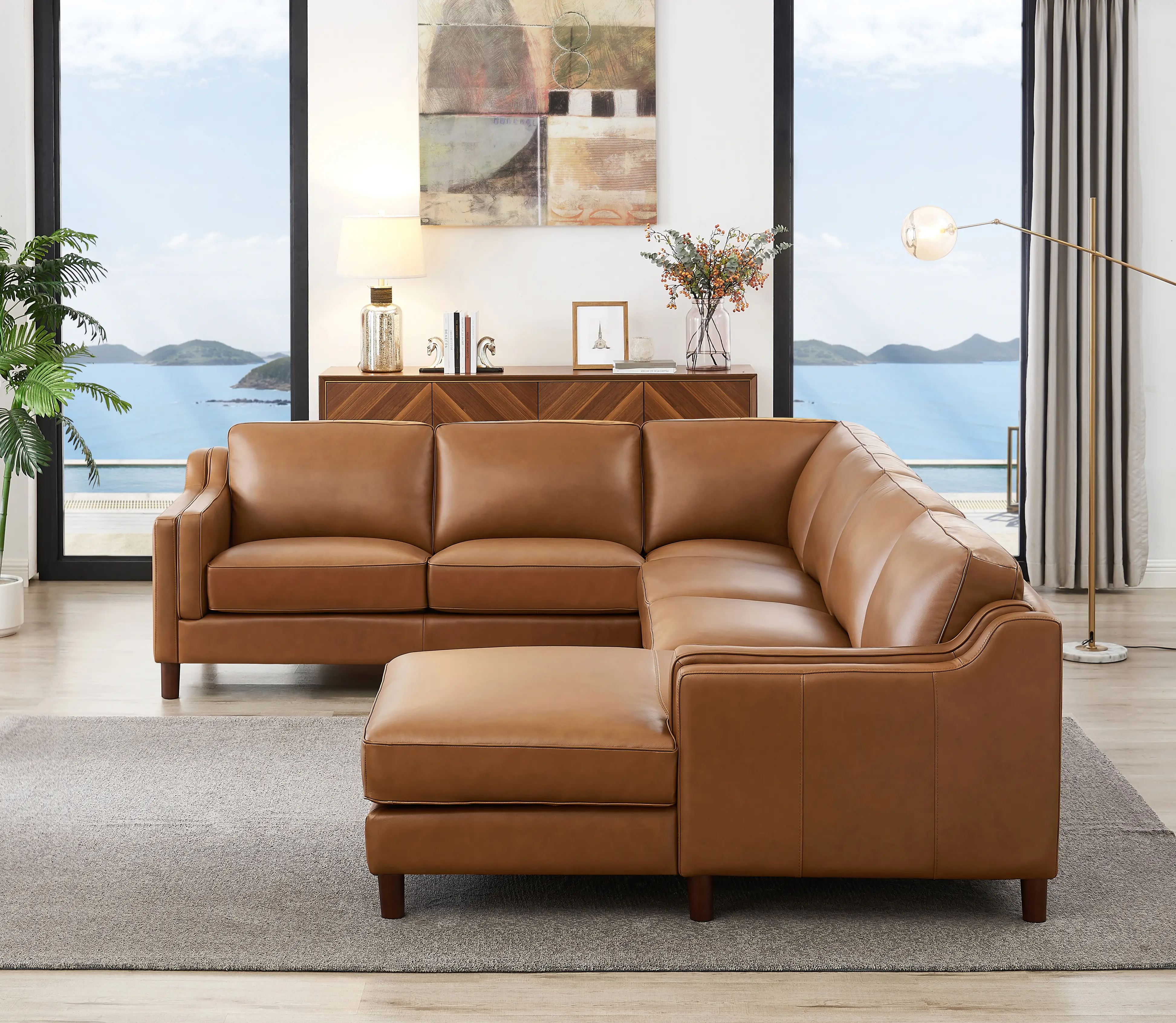 Ballari Cognac Brown Leather 4 Piece Sectional with Right-Facing Chaise