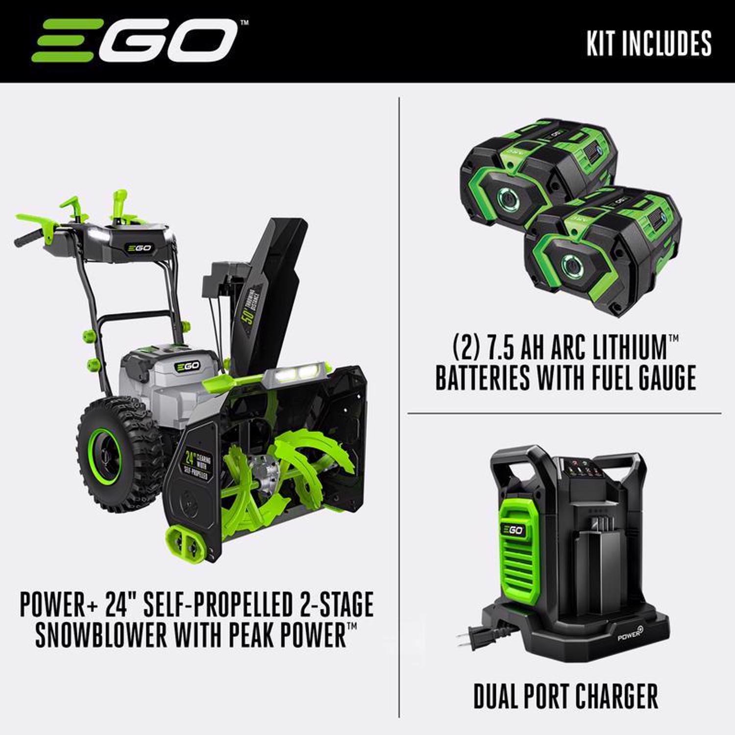 EGO Power+ SNT2405 24 in. Two stage 56 V Battery Snow Blower Kit (Battery \u0026 Charger) W/ TWO 7.5 AH BATTERIES