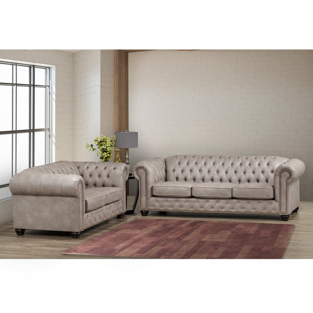 Heston Tufted Light Grey Faux Leather Chesterfield Sofa and Loveseat Set