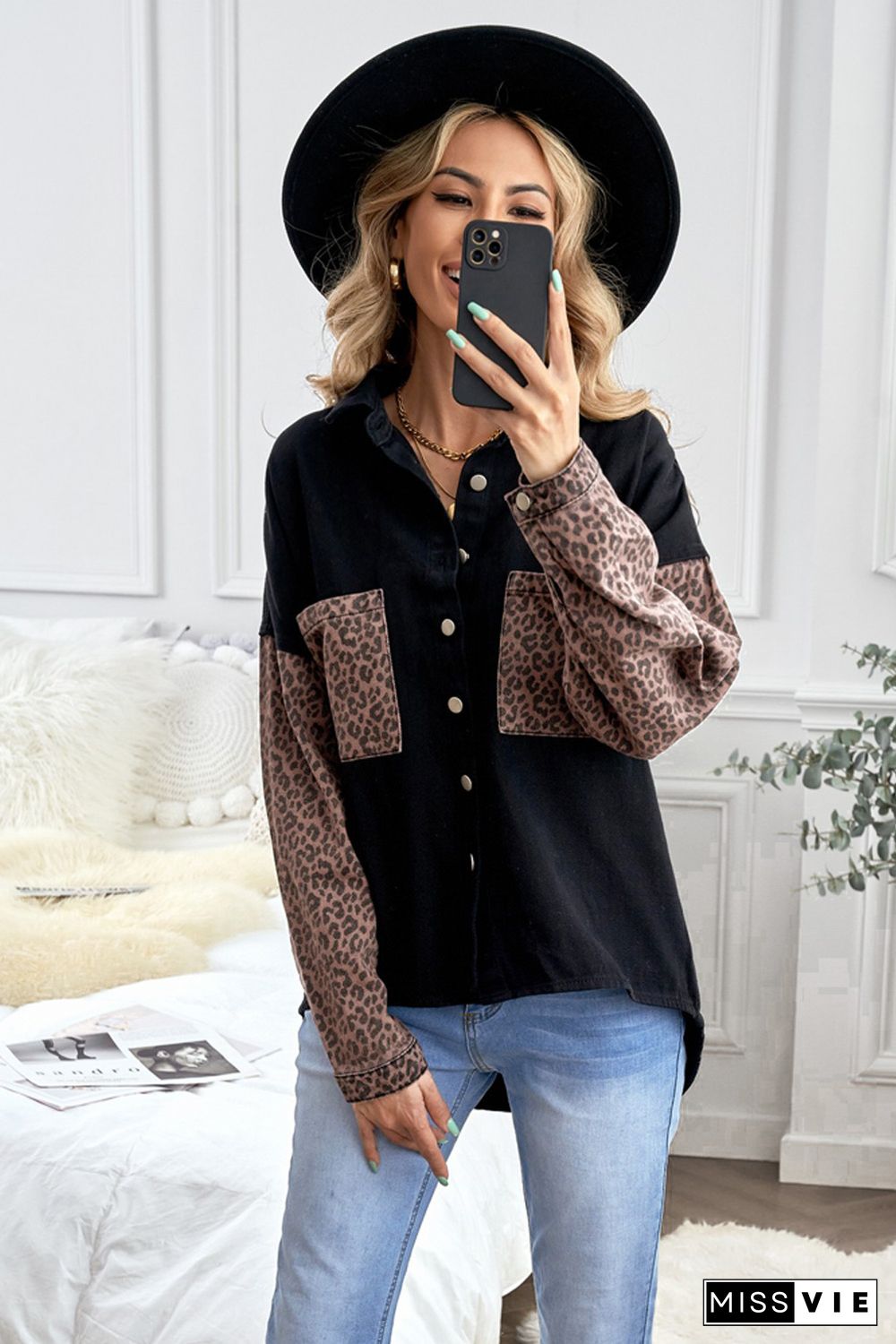 Black Contrast Leopard Denim Jacket