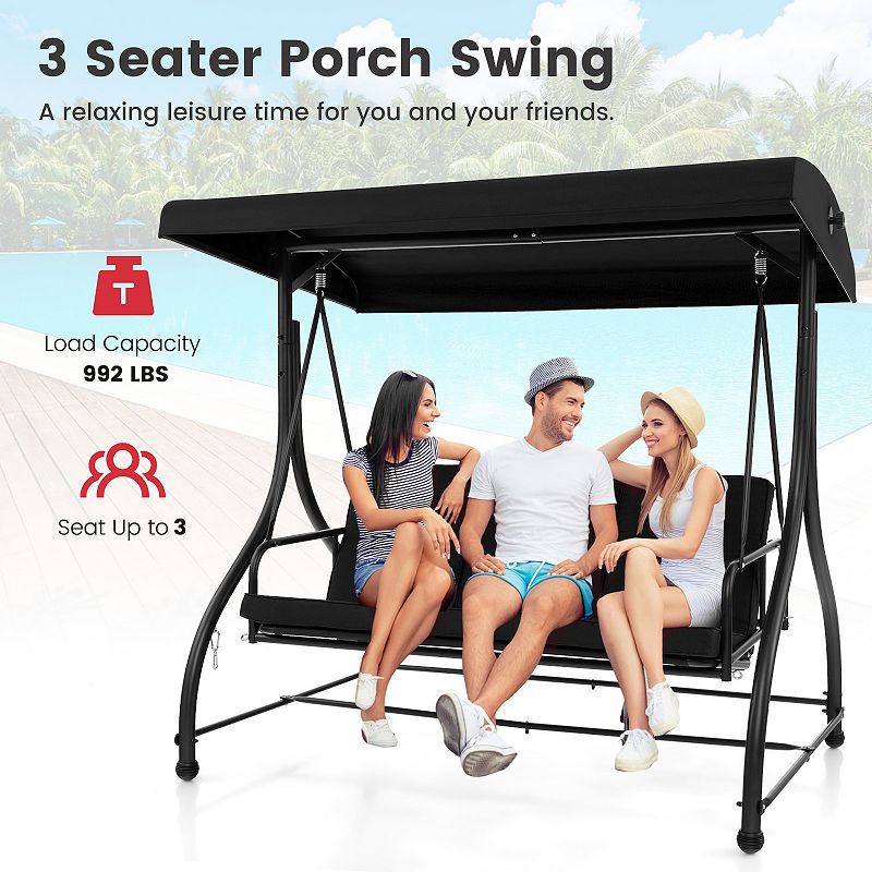 3 Seat Outdoor Porch Swing With Adjustable Canopy