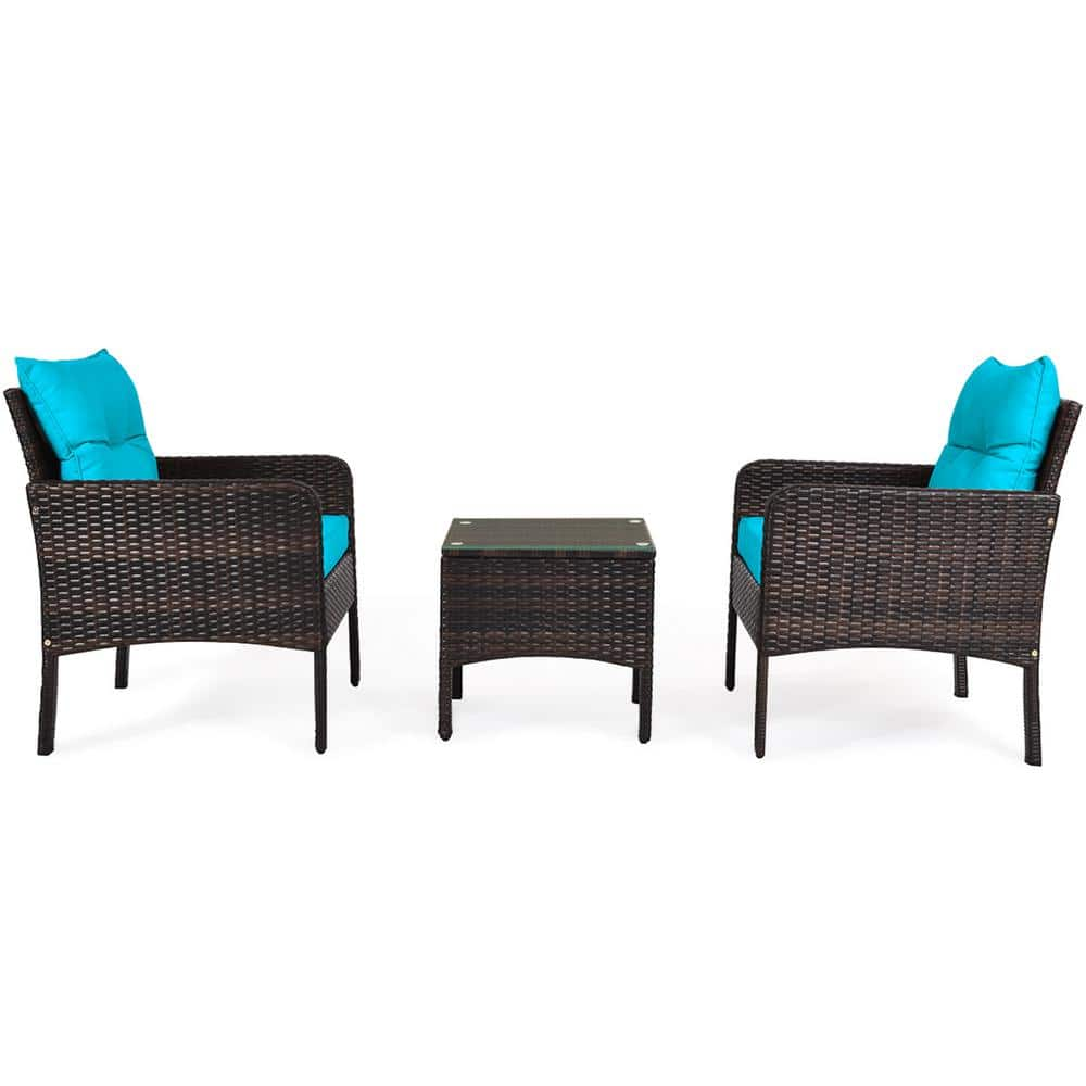 Gymax Rattan 3-Piece Wicker Patio Outdoor Furniture Set Coffee Table with Turquoise Cushion GYM07289