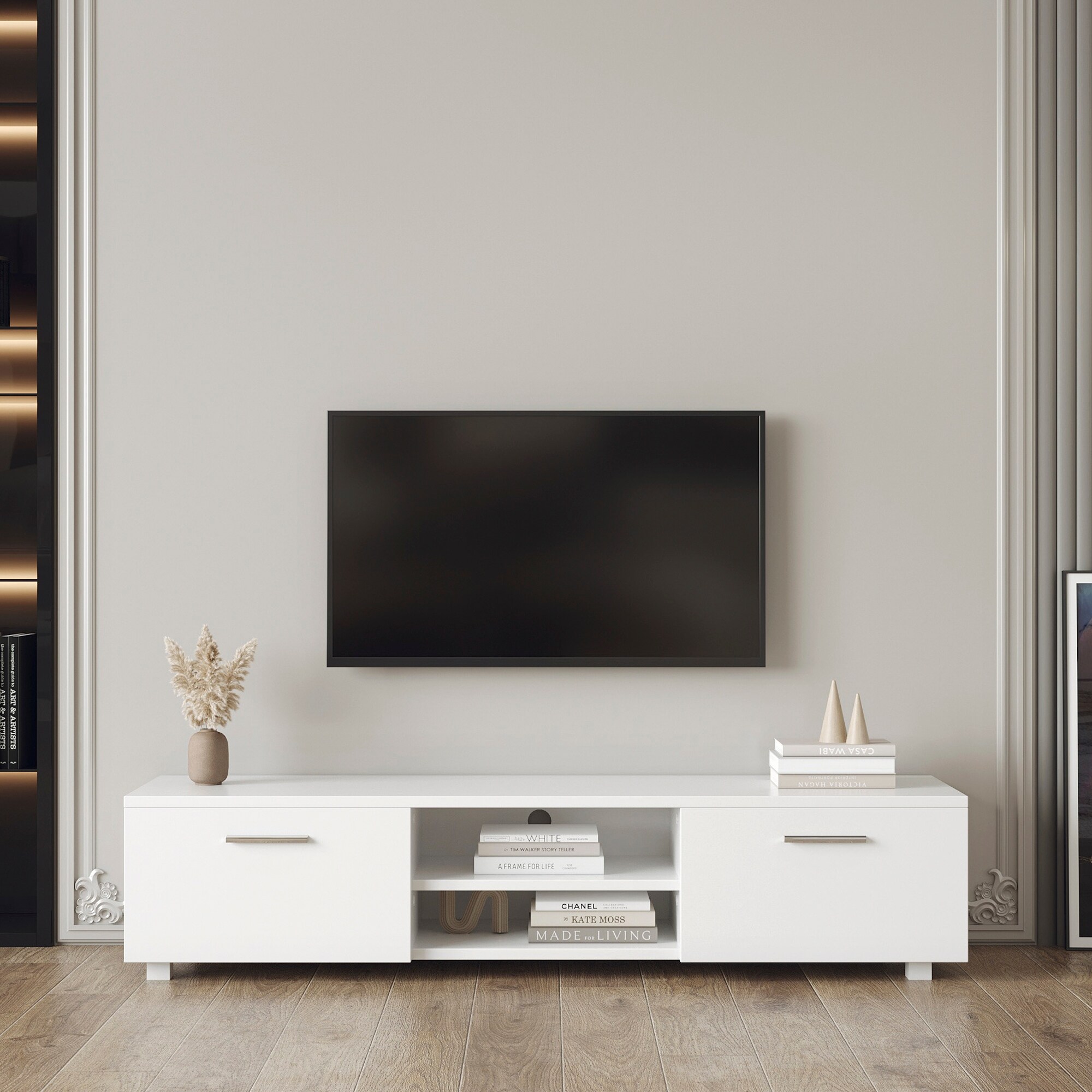 63 inch TV Stand Media Storage Console Entertainment Center with 2-Tier Middle Shelf and 2 Large-Capacity Side Door Cabinets