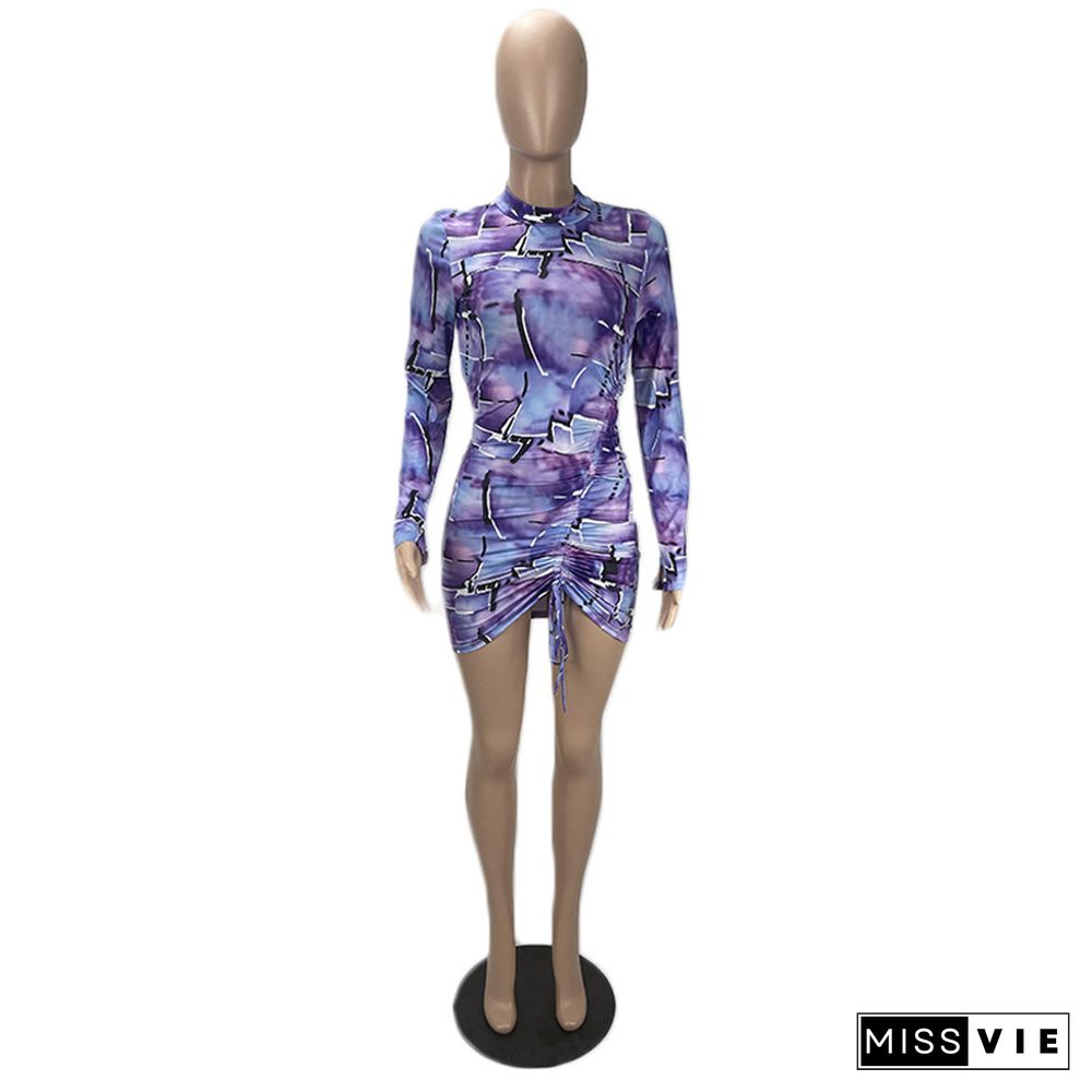 Printed Pleated Tight-Fitting Long-Sleeved Dress