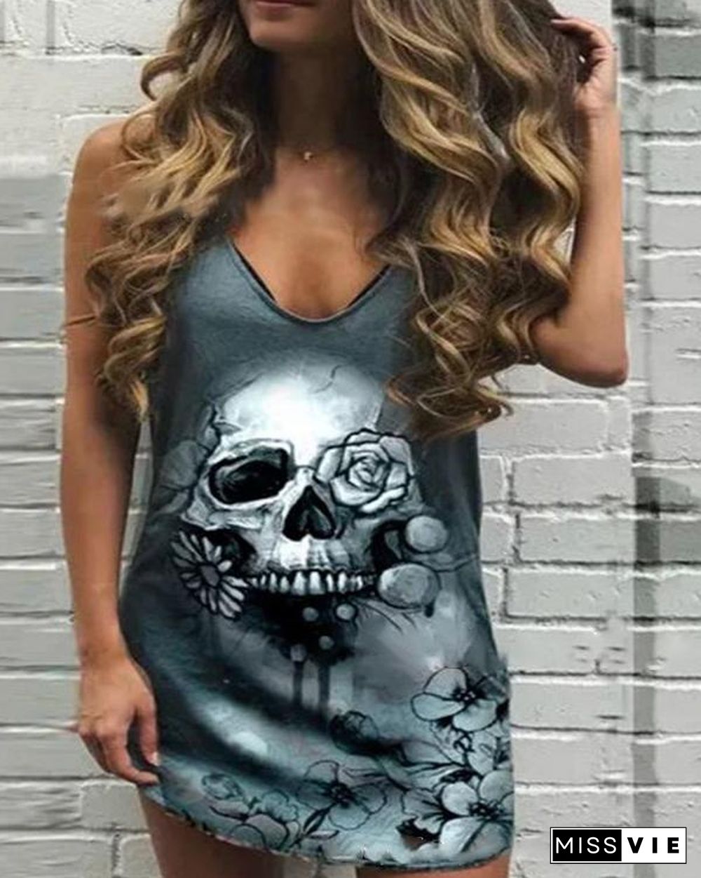 Skull Floral Print Sleeveless Casual Dress