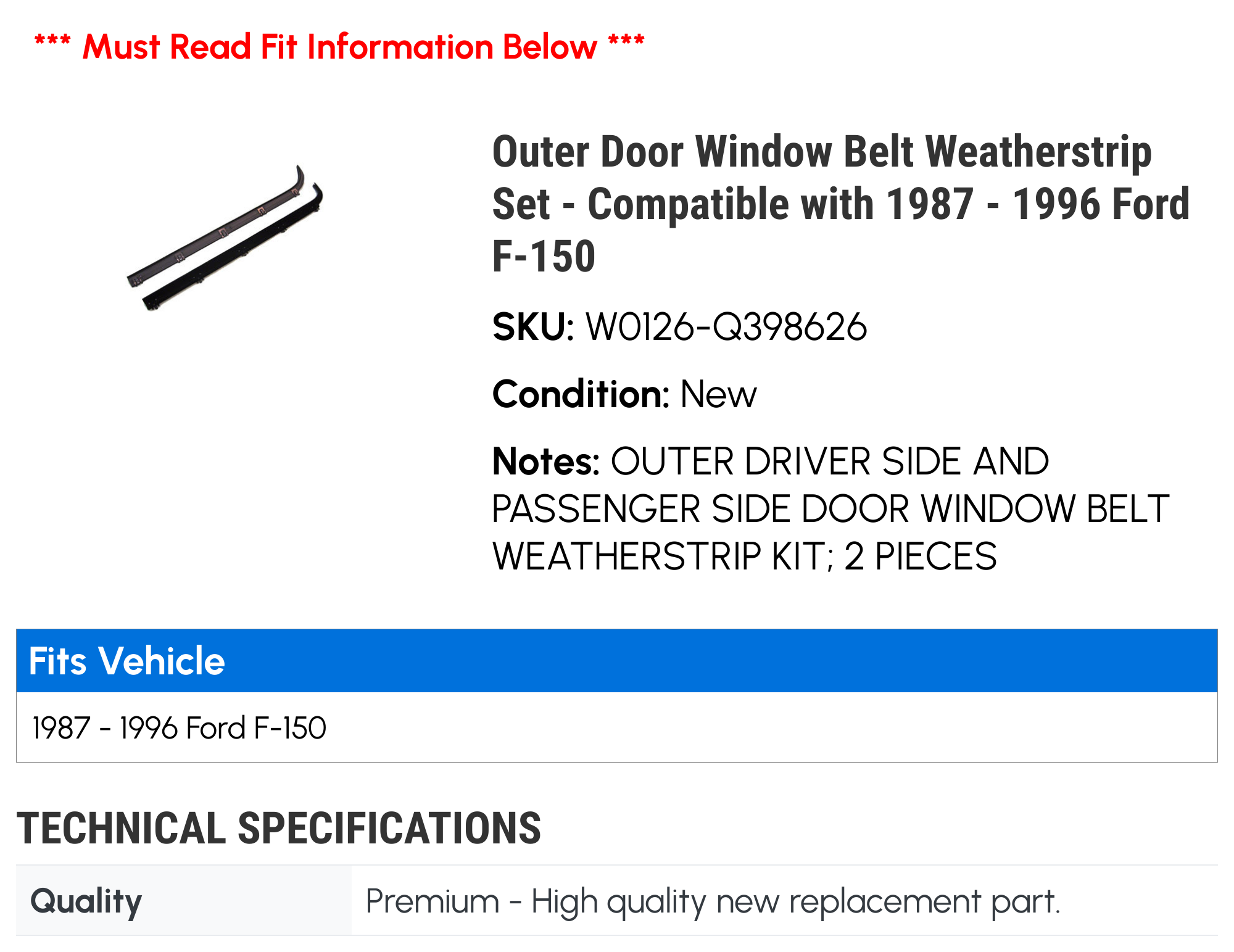 Outer Door Window Belt Weatherstrip Set - Compatible with 1987 - 1996 Ford F-150 1988 1989 1990 1991 1992 1993 1994 1995