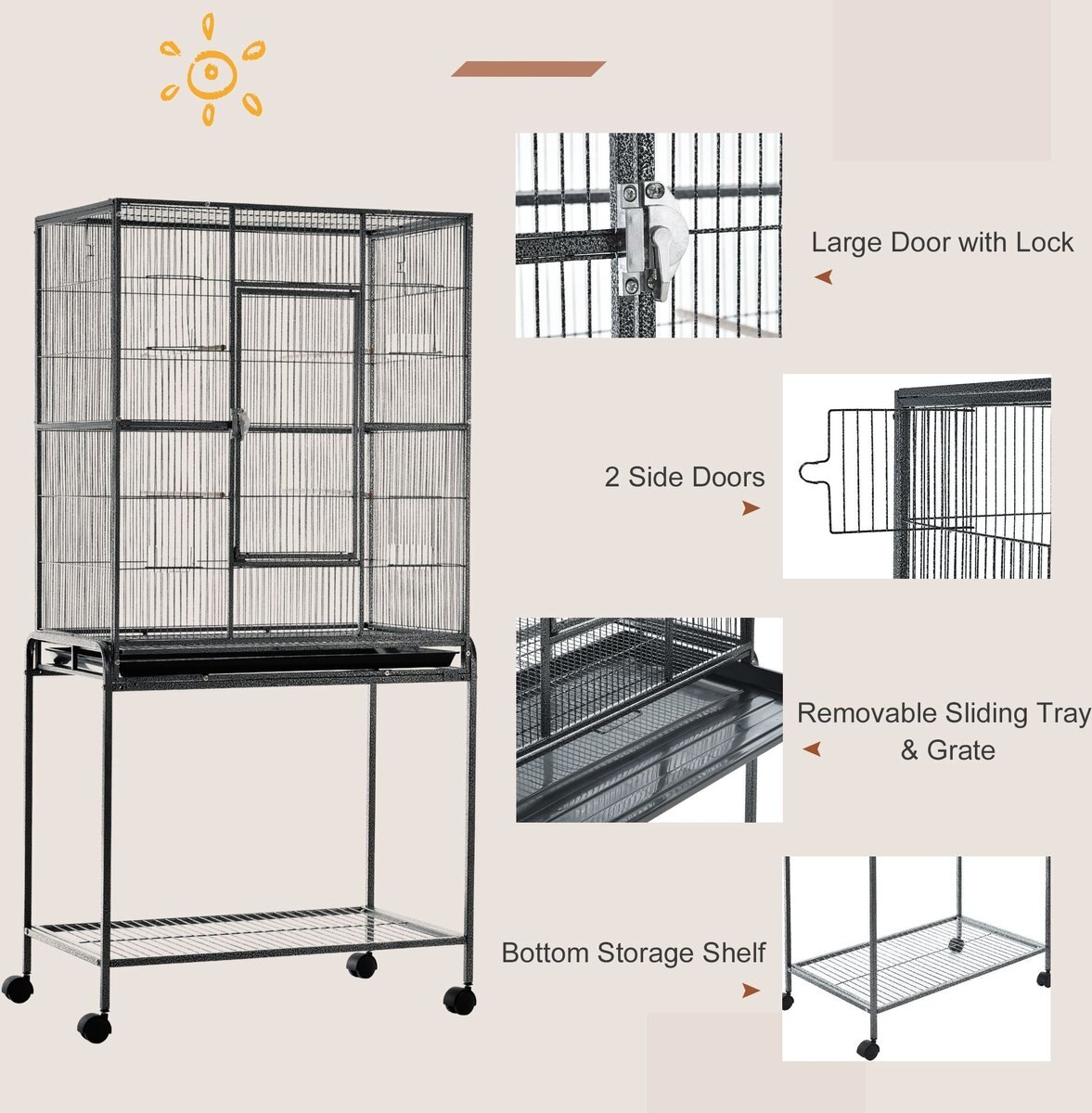 PawHut 30-in Rolling Metal Bird Cage， Black and Gray