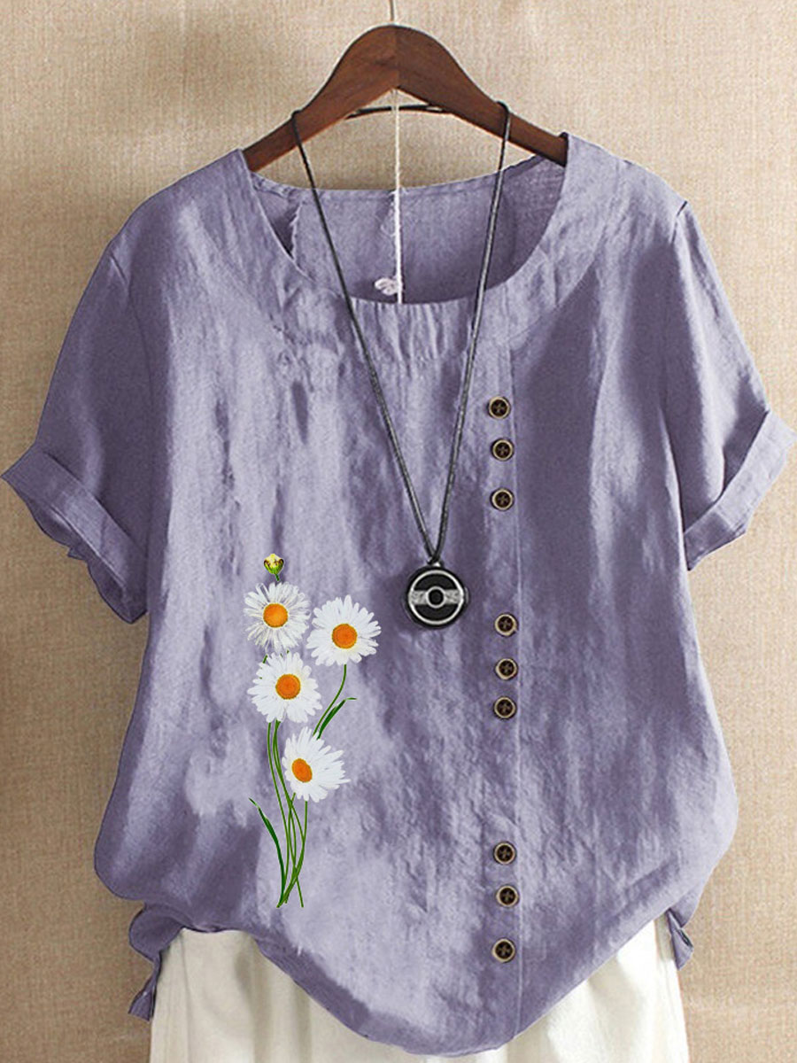 Round Neck Casual Loose Floral Print Short Sleeve Blouse