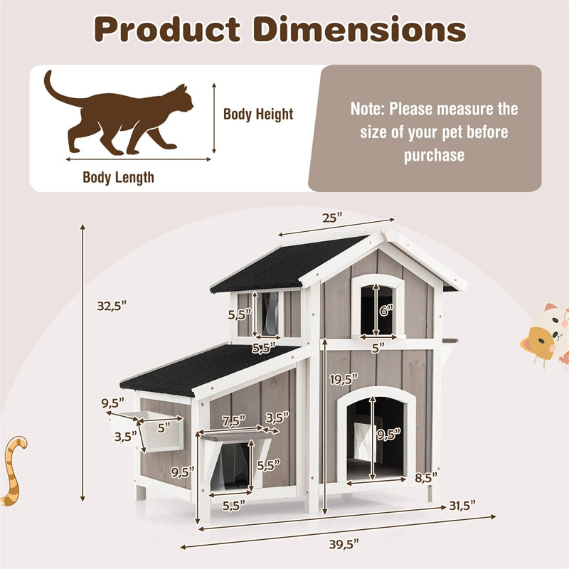 2-Story Outdoor Feral Cat House Weatherproof Wooden Kitty Shelter Pet House Habitat with Escape Door Removable Floor PVC Curtains Flower Box