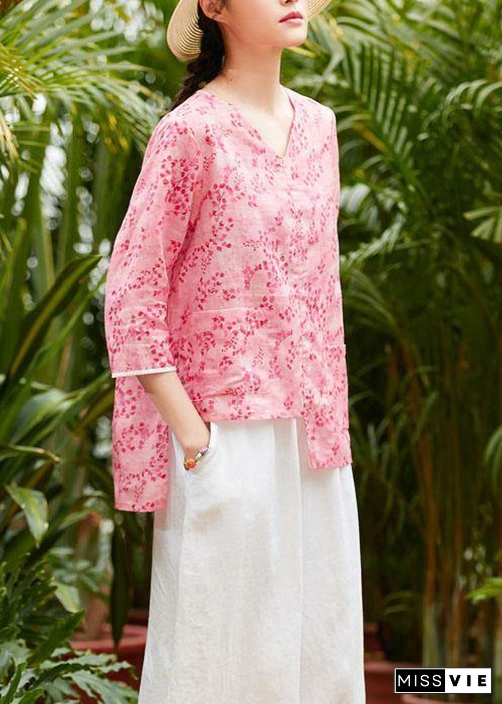 Unique v neck asymmetric linen tops women Shirts pink print blouses summer