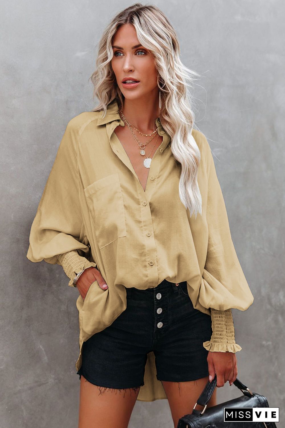 Khaki Billowy Sleeves Pocketed Shirt