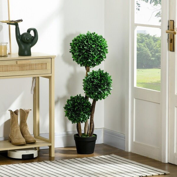 HOMCOM 3ft/35.5 Artificial 3 Ball Boxwood Topiary Tree with Pot，Indoor Outdoor Fake Plant for Home Office，Living Room Decor