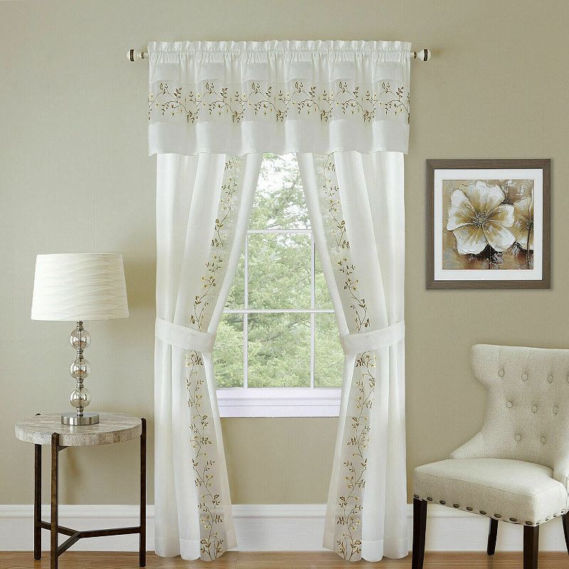 Kate Aurora Complete 5 Piece Embroidered Floral Attached Window in a Bag Sheer Curtain Set