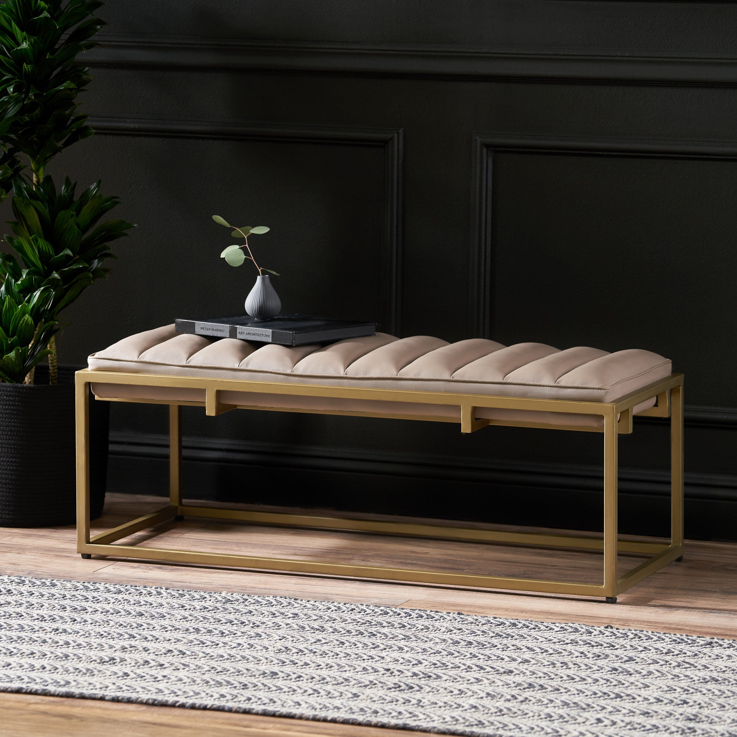 Jill Contemporary Handmade Channel Stitch Ottoman Bench, Dark Cream and Matte Gold