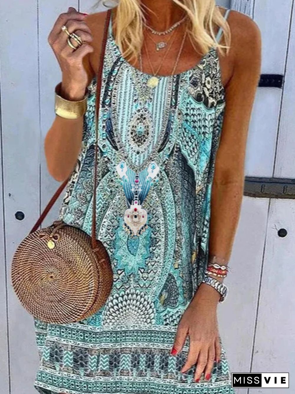 Women Sleeveless A-Line Tribal Mini Weaving Dress