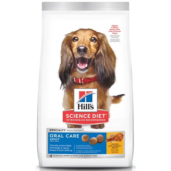 Hill's Science Diet Oral Care Dog Food， Adult Chicken， Rice and Barley Recipe Dry Dog Food for dental health， 4 lb Bag