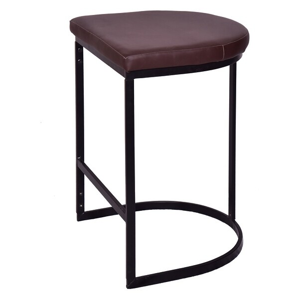 26 Inch Counter Height Stool with Vegan Faux Leather Upholstery， Black Iron Frame， Dark Brown