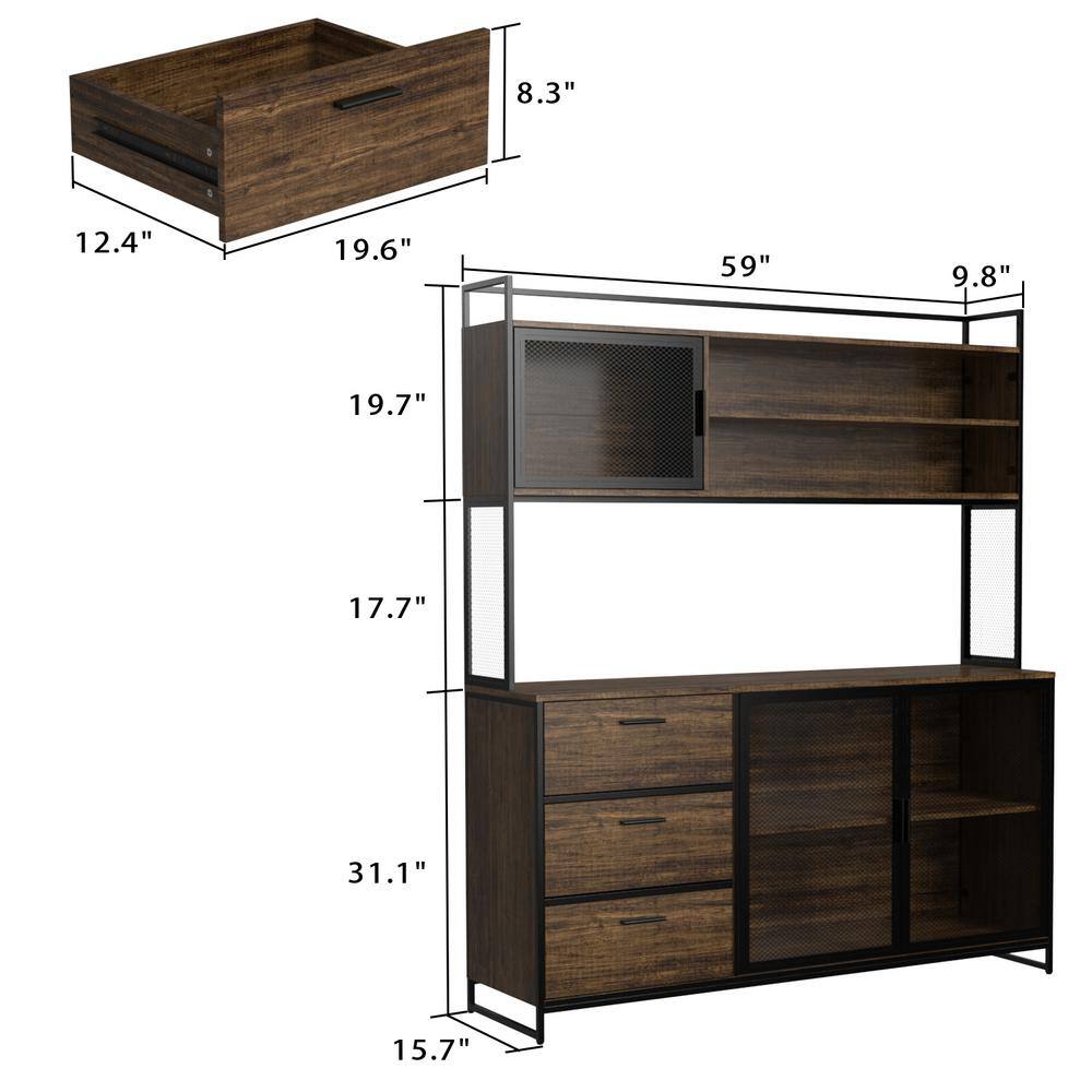 FUFUGAGA 59 in. W Kitchen Brown Wood Buffet Sideboard Pantry Cabinet For Dining Room with Metal Mesh Doors 3-Drawers Shelves KF210150-012