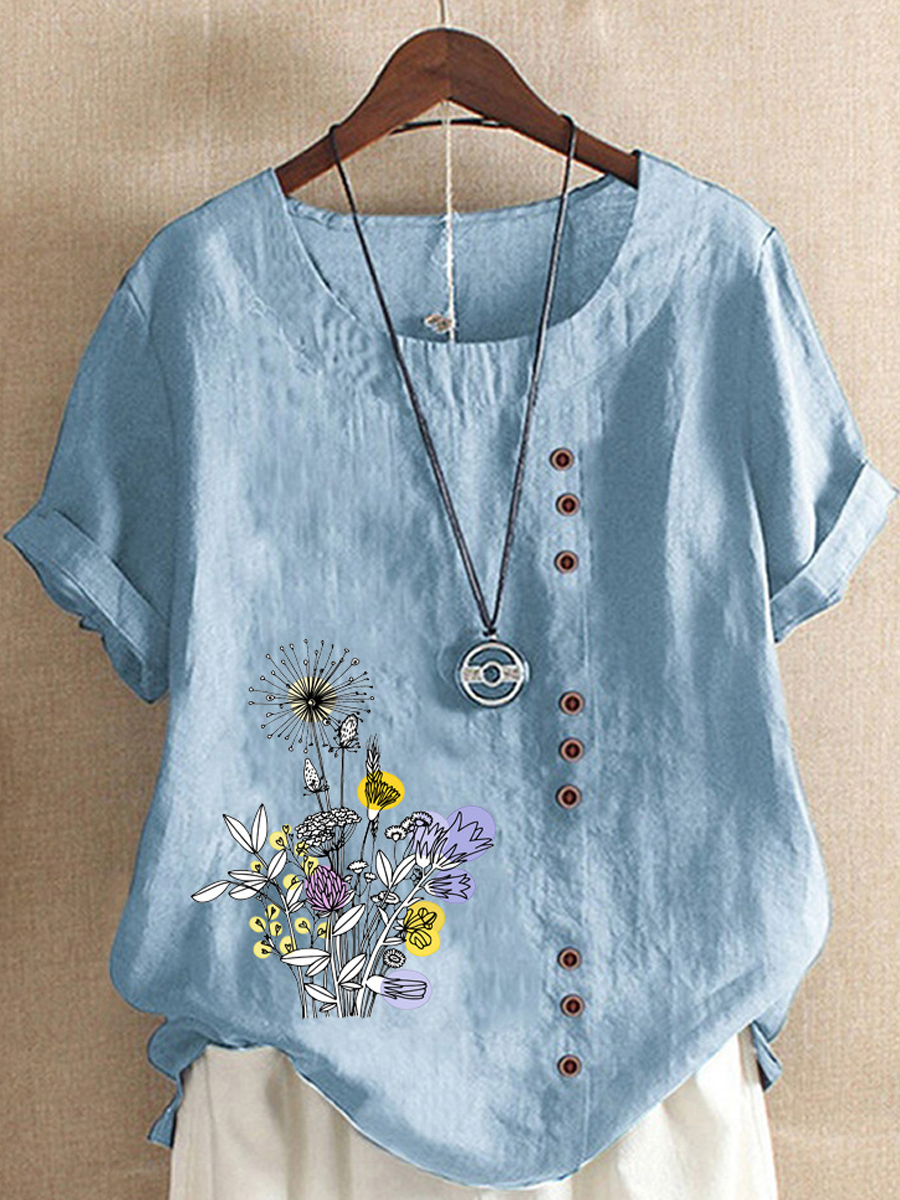 Casual Floral Print Crew Neck Short Sleeve Blouse