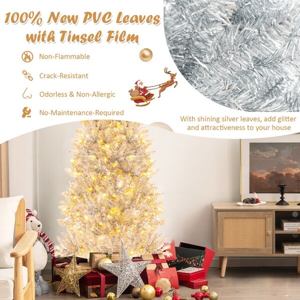 PreLit Artificial Silver Tinsel Xmas Tree with 790 Branch Tips and 300 LED Lights