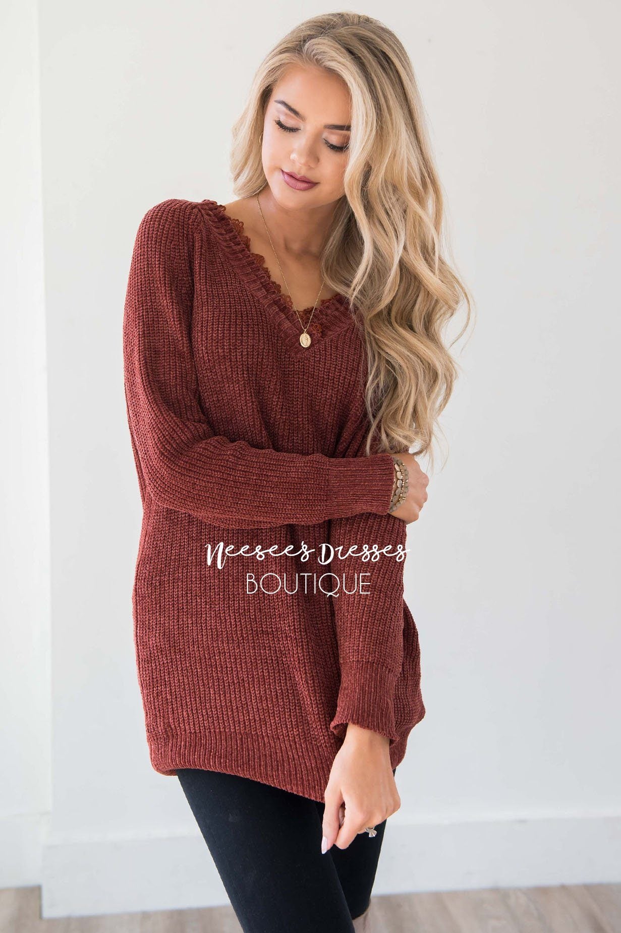 Chenille Knit V-Neck Lace Trim Sweater