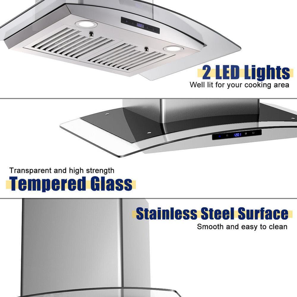 Edendirect 30 in Silver Wall Mounted Range Hood Ducted 700CFM Tempered Glass Touch Panel Control Vented LEDs with light