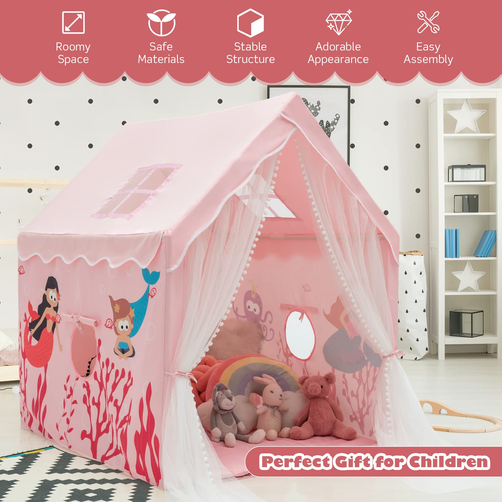 Costzon Kids Tent with Padded Cotton Mat, Large Playhouse for Girls