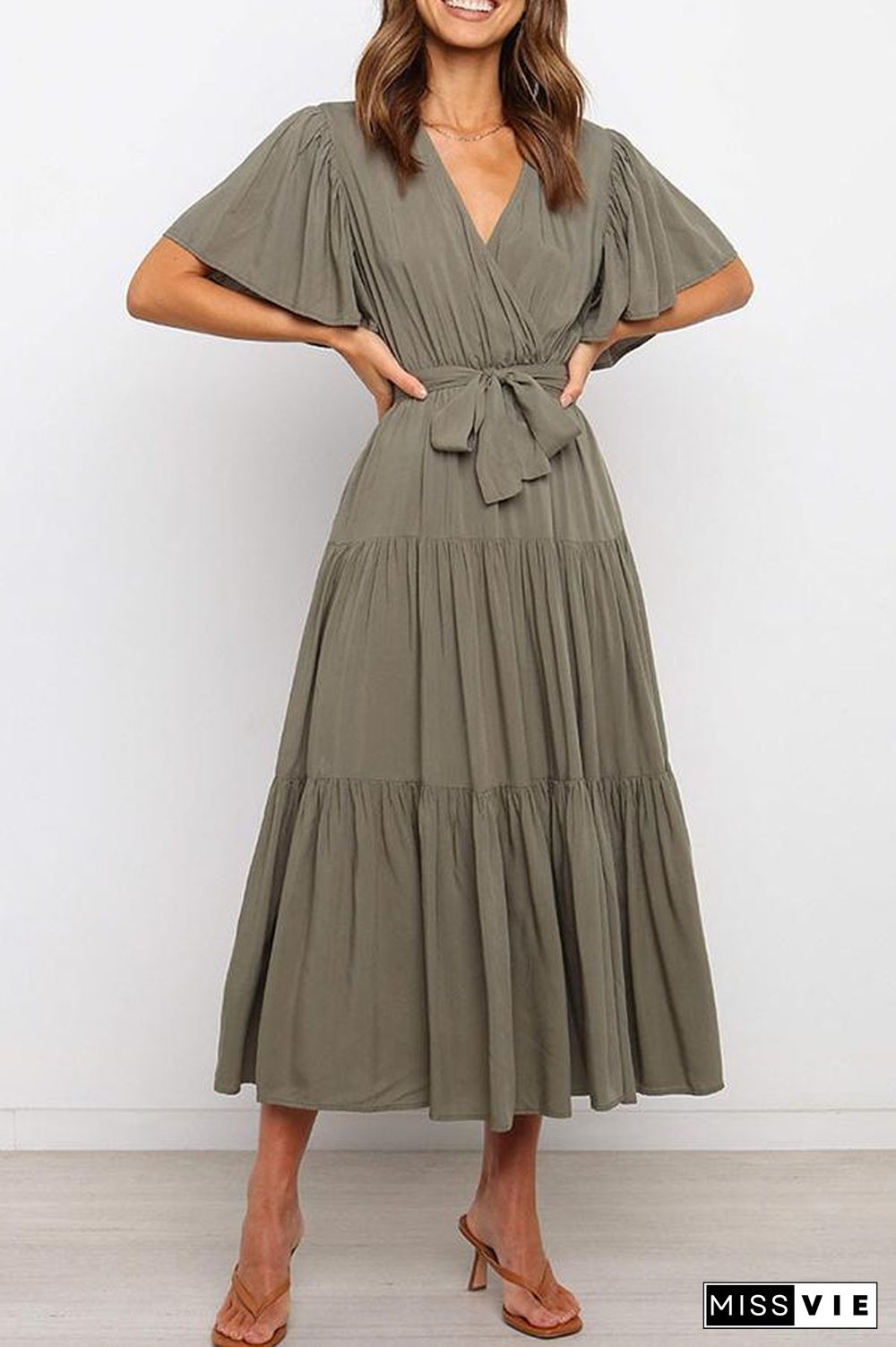 Ruffled Sleeve V-neck Tie Waist Maxi Dress P14492